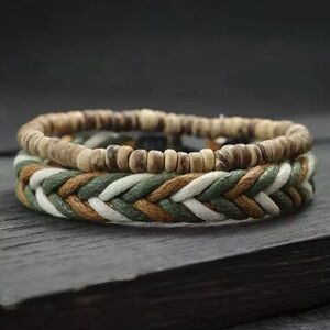 2Pcs Mens Weave Bracelet Set Natural Wood Rope Braclet for Men